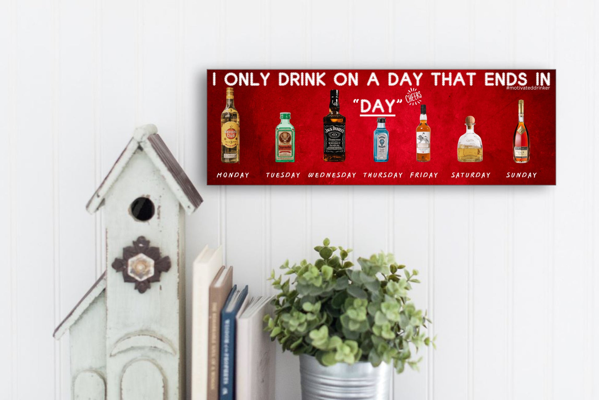T-shirt with bold text saying “I ONLY DRINK ON A DAY THAT ENDS IN DAY” in clean, comic-style font. Great gift for beer lovers, wine fans, and daily sippers
