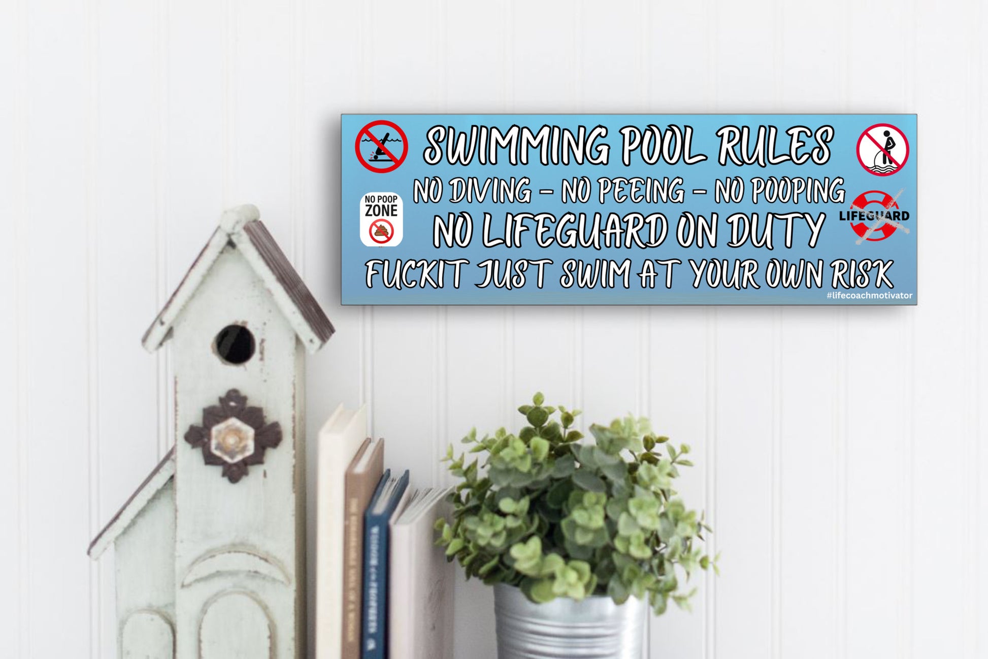 T-shirt with sarcastic message: “Swimming Pool Rules. No Diving. No Peeing. No Pooping. No Lifeguard. F*ckit—Swim at Your Own Risk.” Funny summer tee design.