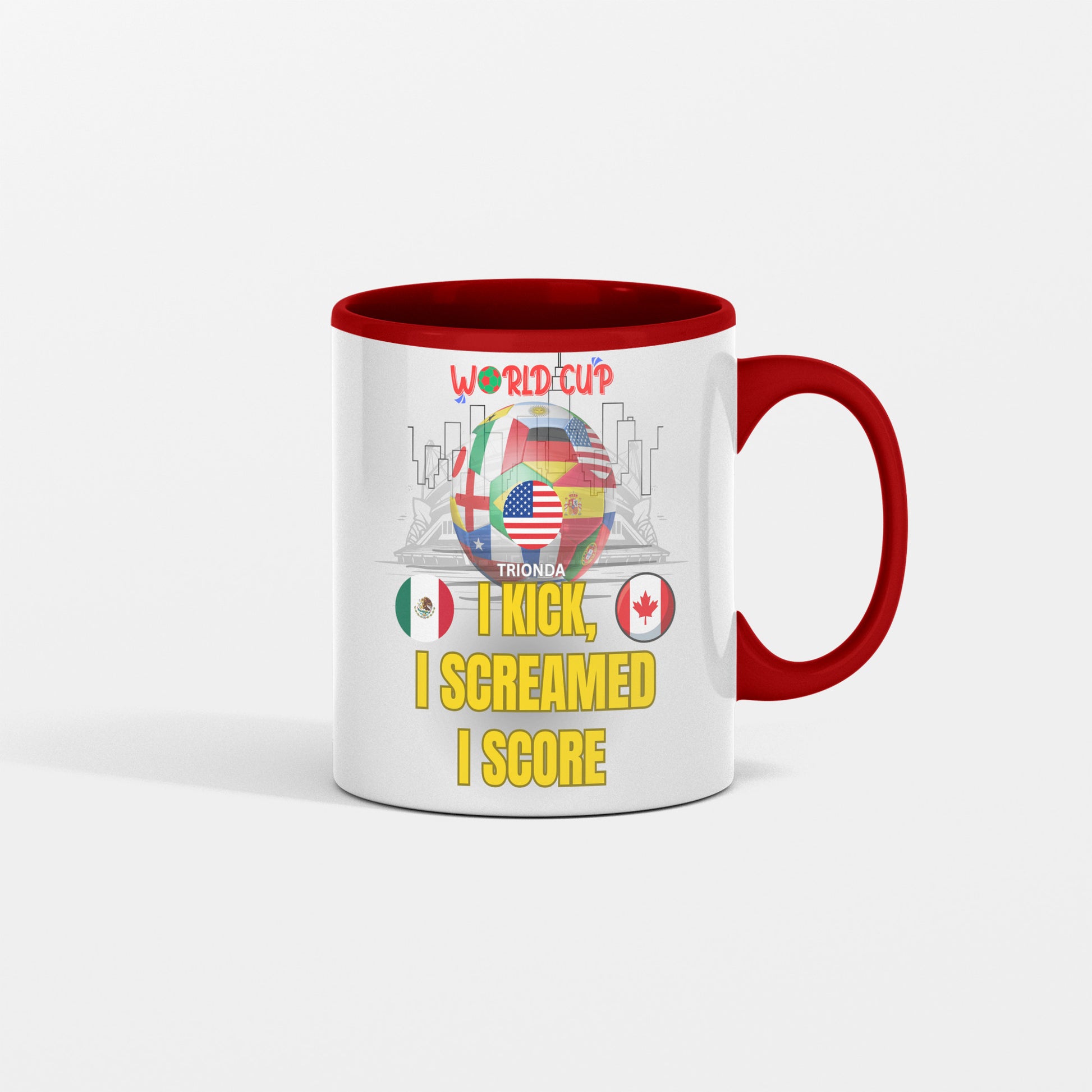 Ceramic coffee mug featuring World Cup 2026 soccer ball design with USA, Canada, and Mexico flags. Bold graphic print. Perfect for fans and collectors.

