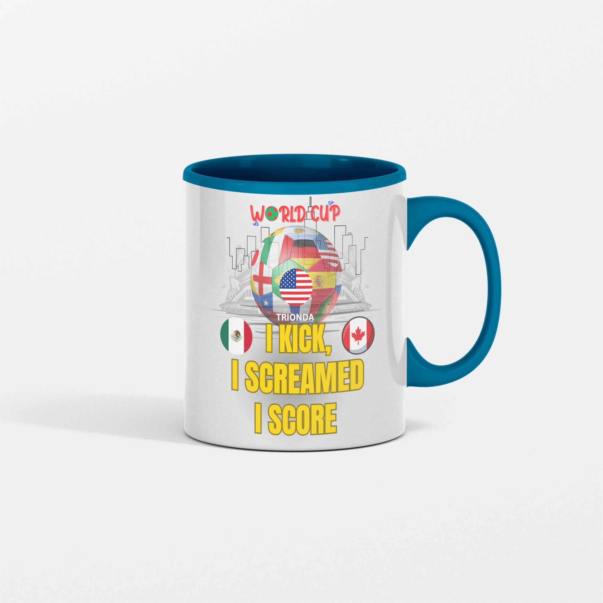 Ceramic coffee mug featuring World Cup 2026 soccer ball design with USA, Canada, and Mexico flags. Bold graphic print. Perfect for fans and collectors.

