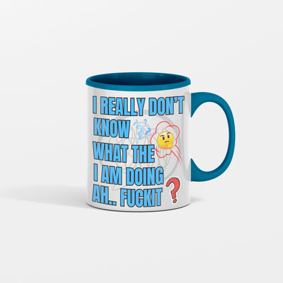 Ceramic coffee mug with bold text: “I REALLY DON’T KNOW WHAT THE F*CK I’M DOING.” Funny burnout humor printed on a white cup. Perfect for stress-filled mornings.