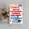 Wooden plaque with bold text “Over It & Burnt Out” in comic-style font, styled as sarcastic wall decor for modern burnout humor.