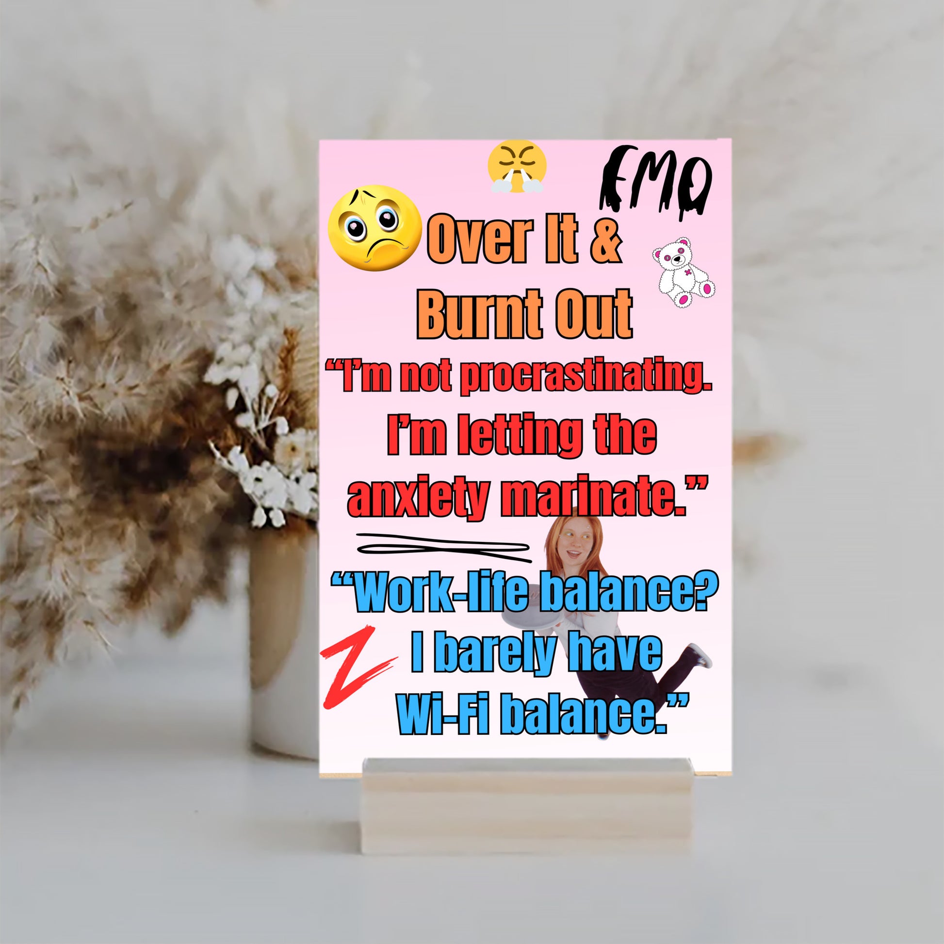 Wooden plaque with bold text “Over It & Burnt Out” in comic-style font, styled as sarcastic wall decor for modern burnout humor.