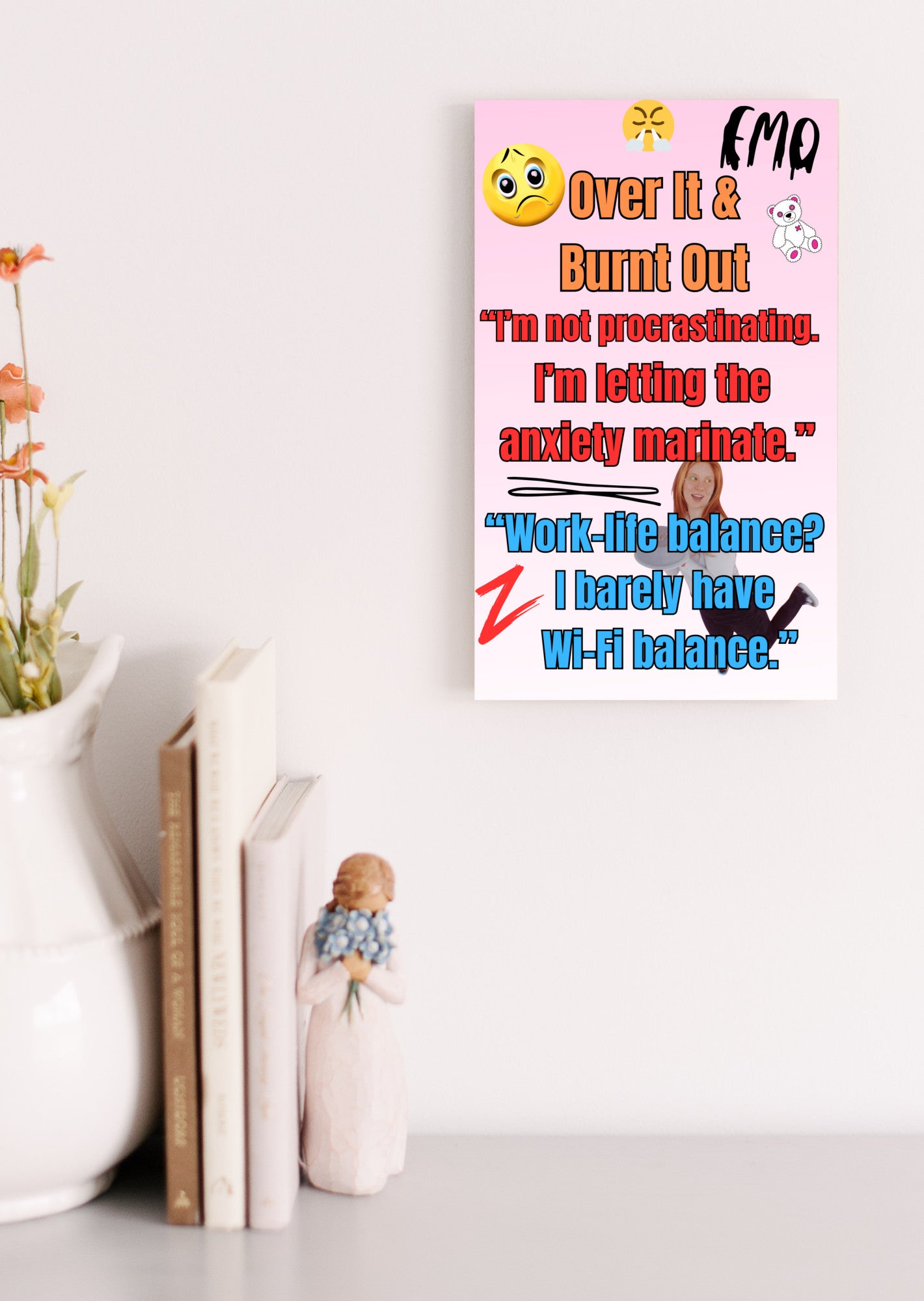 Wooden plaque with bold text “Over It & Burnt Out” in comic-style font, styled as sarcastic wall decor for modern burnout humor.