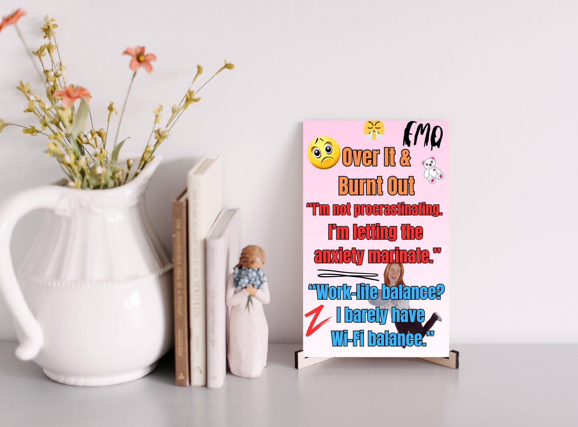 Wooden plaque with bold text “Over It & Burnt Out” in comic-style font, styled as sarcastic wall decor for modern burnout humor.