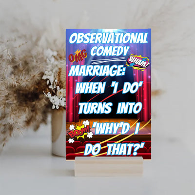 Wooden plaque with comic text “Marriage: The Real Hunger Games” in bold lettering, styled with rustic charm and humor.
