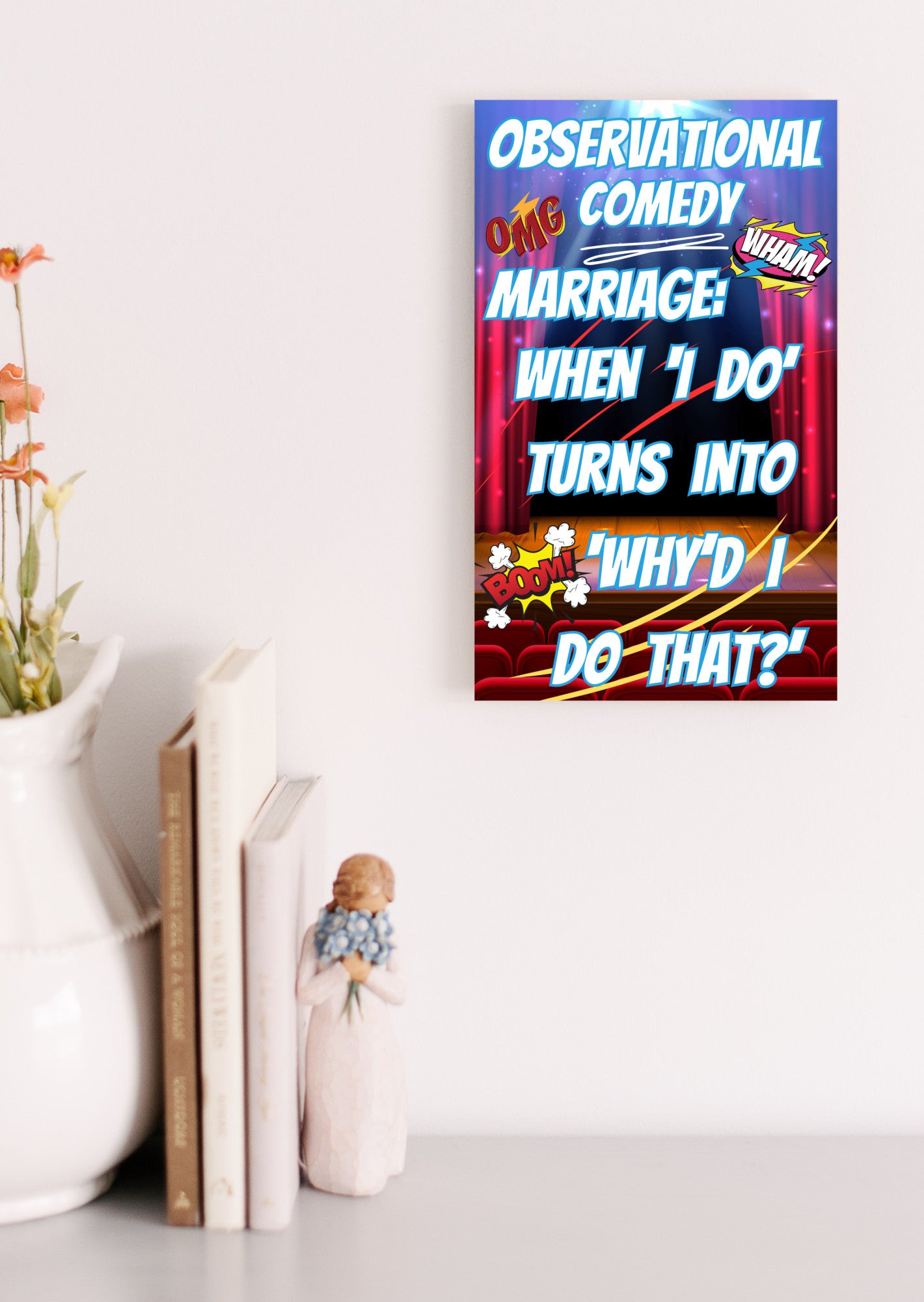 Wooden plaque with comic text “Marriage: The Real Hunger Games” in bold lettering, styled with rustic charm and humor.
