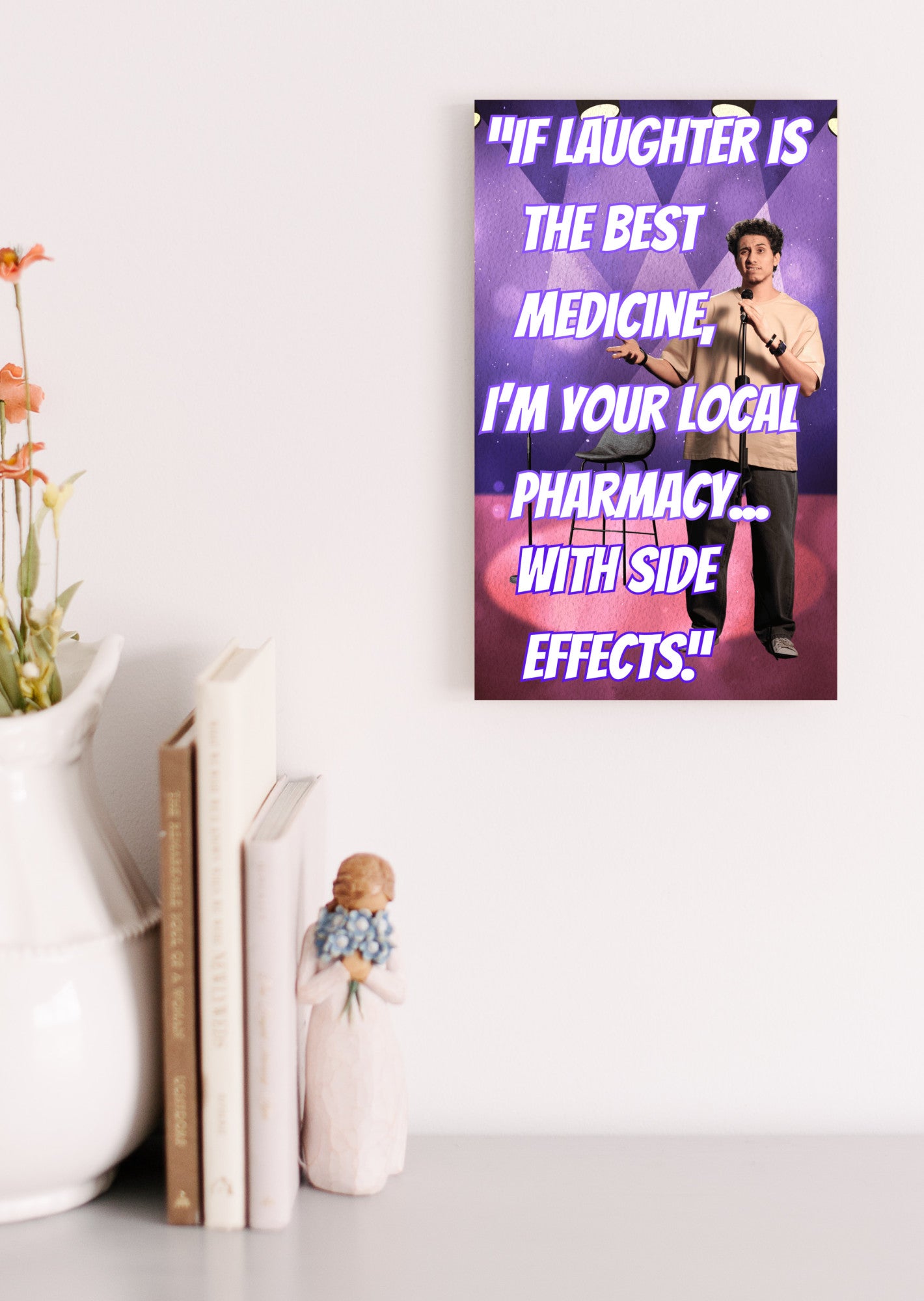 Wooden plaque with vintage-style text that reads “If laughter is the best medicine, I’m dangerously overmedicated,” styled with rustic charm.