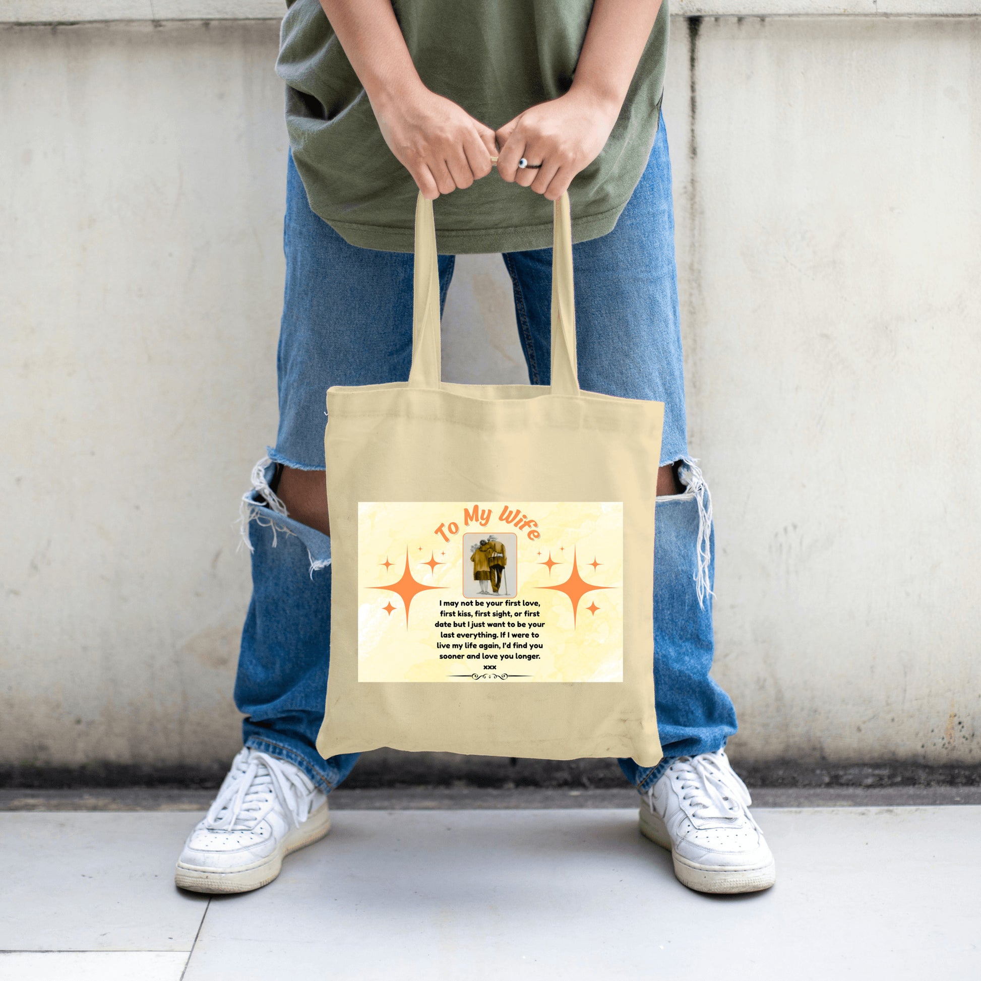 Romantic first kiss quote tote bag gift for wife