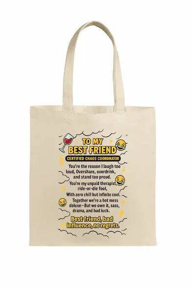 Funny best friend chaos coordinator tote bag with bold lettering