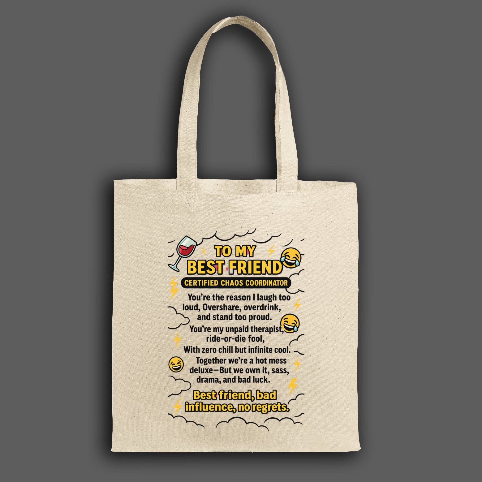 Funny best friend chaos coordinator tote bag with bold lettering