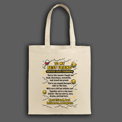 Funny best friend chaos coordinator tote bag with bold lettering