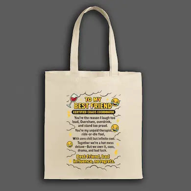 Funny best friend chaos coordinator tote bag with bold lettering
