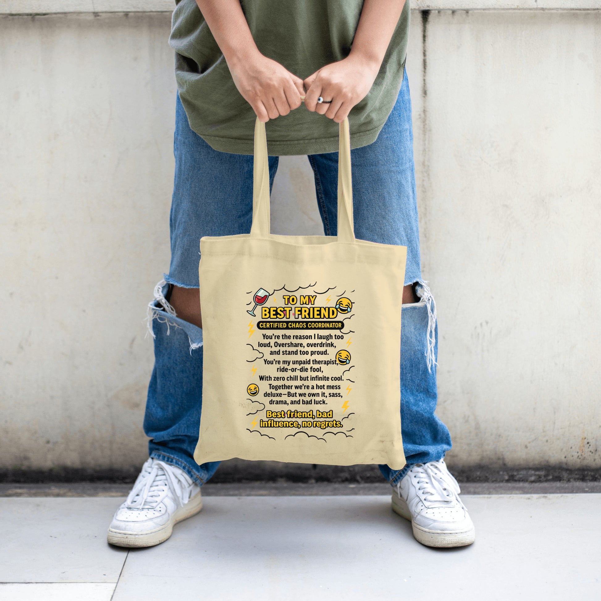 Funny best friend chaos coordinator tote bag with bold lettering