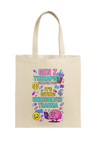 Funny Gen Z Therapy Starter Pack tote bag with emotional support icons