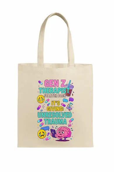 Funny Gen Z Therapy Starter Pack tote bag with emotional support icons