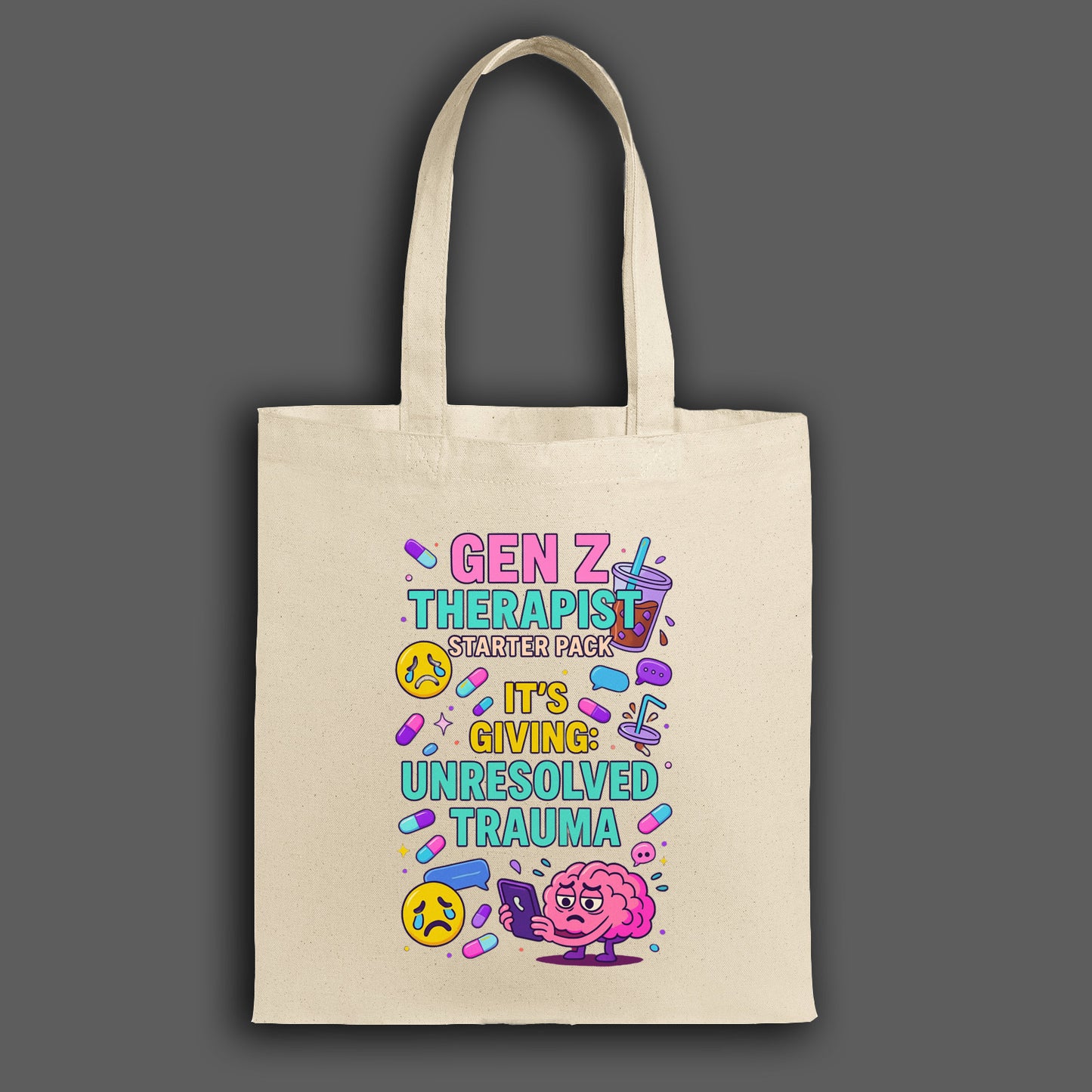 Funny Gen Z Therapy Starter Pack tote bag with emotional support icons