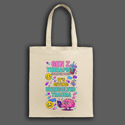 Funny Gen Z Therapy Starter Pack tote bag with emotional support icons