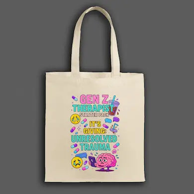 Funny Gen Z Therapy Starter Pack tote bag with emotional support icons