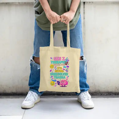 Funny Gen Z Therapy Starter Pack tote bag with emotional support icons