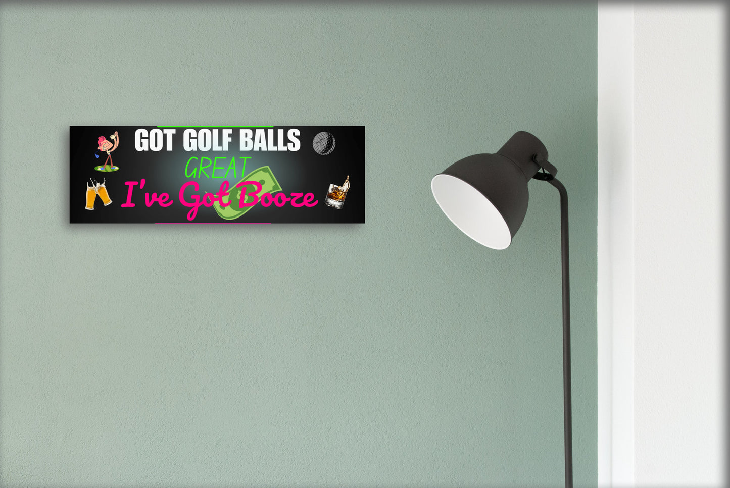 Funny golf cart plaque that reads "Got Golf Balls? Great. I’ve Got Booze." with neon text and bar cart imagery.