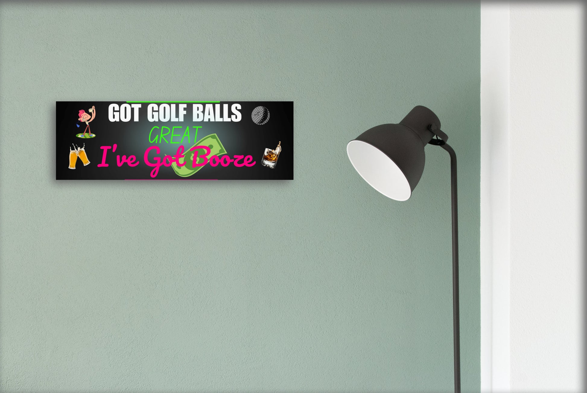 Funny golf cart plaque that reads "Got Golf Balls? Great. I’ve Got Booze." with neon text and bar cart imagery.