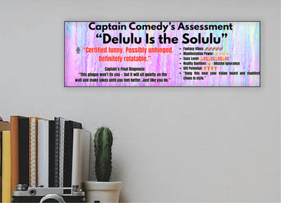 MFD plaque with whimsical font that reads “Delulu is the Solulu,” styled in pastel colors for humorous Gen Z-themed wall decor.