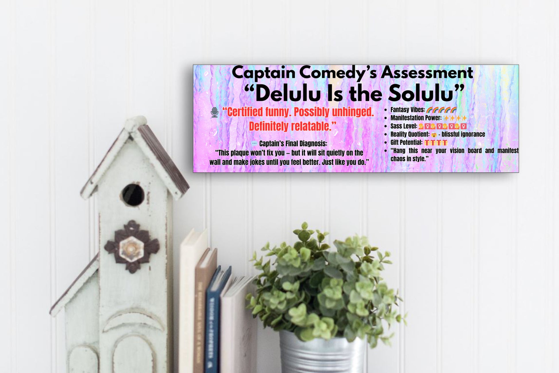 MDF plaque with whimsical font that reads “Delulu is the Solulu,” styled in pastel colors for humorous Gen Z-themed wall decor.
