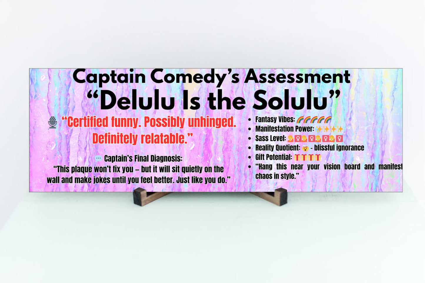 MDF plaque with whimsical font that reads “Delulu is the Solulu,” styled in pastel colors for humorous Gen Z-themed wall decor.