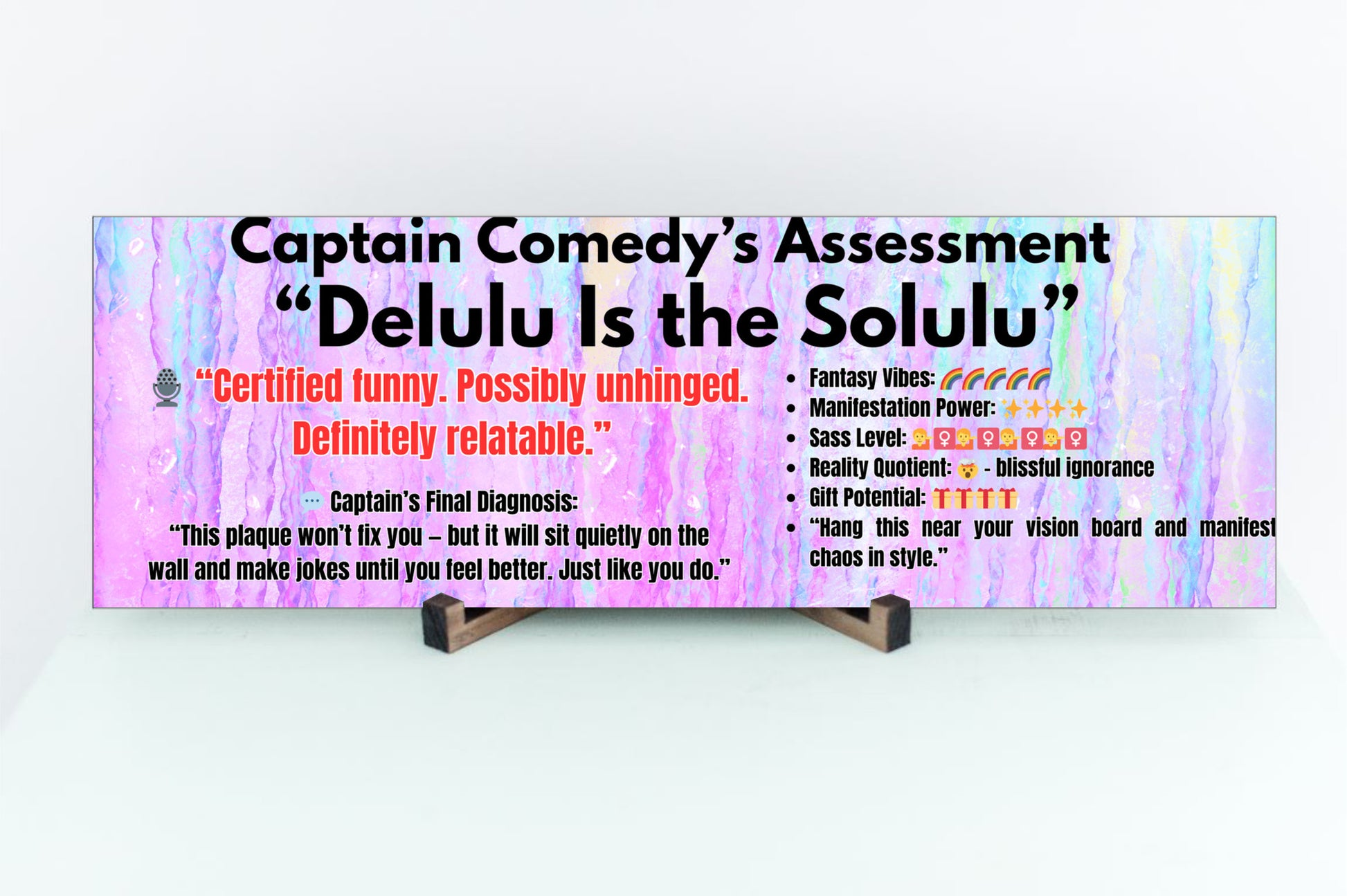 MDF plaque with whimsical font that reads “Delulu is the Solulu,” styled in pastel colors for humorous Gen Z-themed wall decor.
