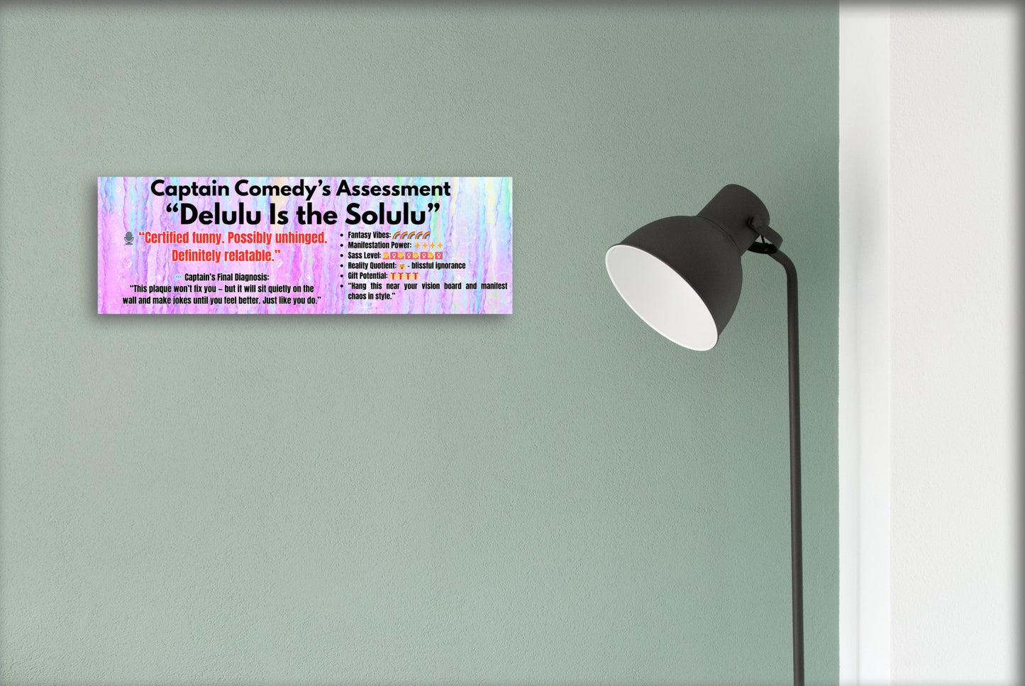 MDF plaque with whimsical font that reads “Delulu is the Solulu,” styled in pastel colors for humorous Gen Z-themed wall decor.