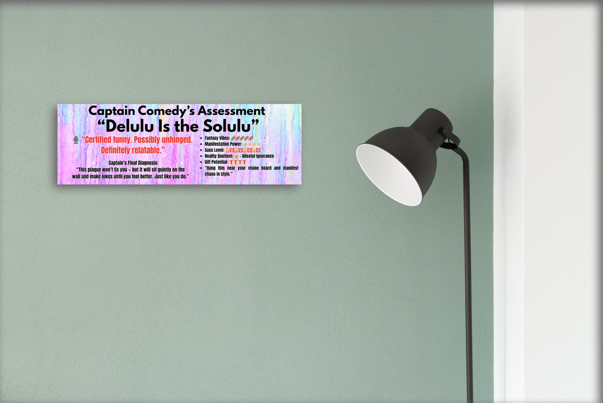 MDF plaque with whimsical font that reads “Delulu is the Solulu,” styled in pastel colors for humorous Gen Z-themed wall decor.