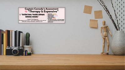 Wooden plaque with the quote “Therapy is expensive, so I make jokes instead,” styled in bold retro font for comedic mental health decor.