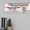 Wooden plaque with the quote “Therapy is expensive, so I make jokes instead,” styled in bold retro font for comedic mental health decor.