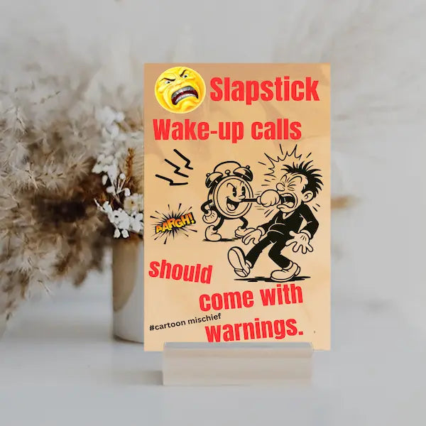 “Funny wall plaque reading 'Slapstick Wake Up Calls Should Come with Warnings' displayed on a kitchen wall near a coffee mug”
