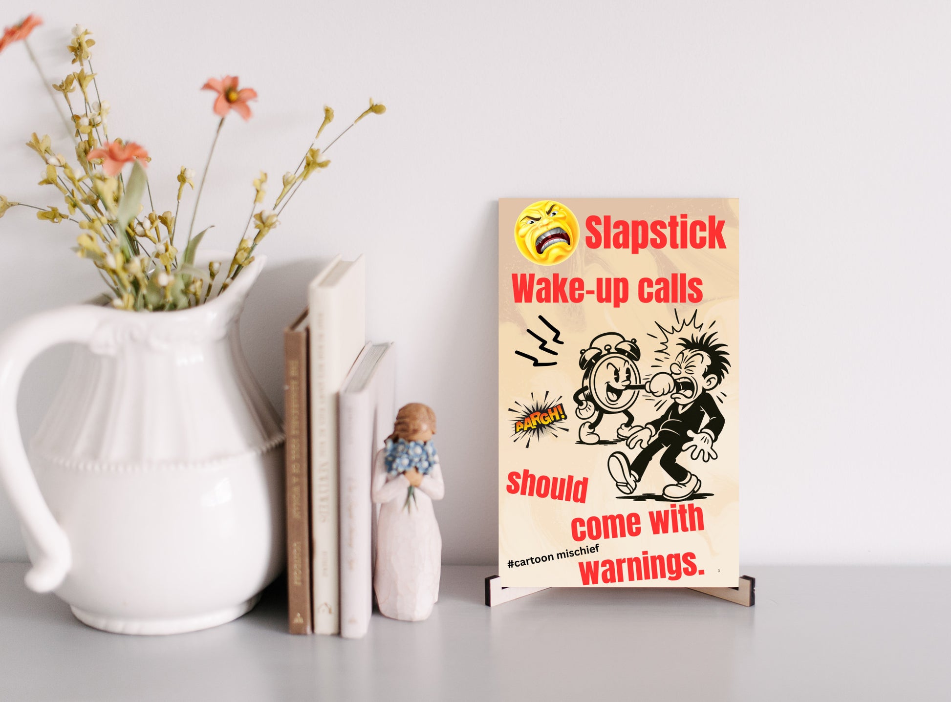 “Funny wall plaque reading 'Slapstick Wake Up Calls Should Come with Warnings' displayed on a kitchen wall near a coffee mug”