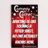 “Comedy wall plaque reading ‘Adulting is like folding a fitted sheet’ displayed in a cozy laundry room next to messy clothes”