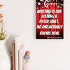 “Comedy wall plaque reading ‘Adulting is like folding a fitted sheet’ displayed in a cozy laundry room next to messy clothes”