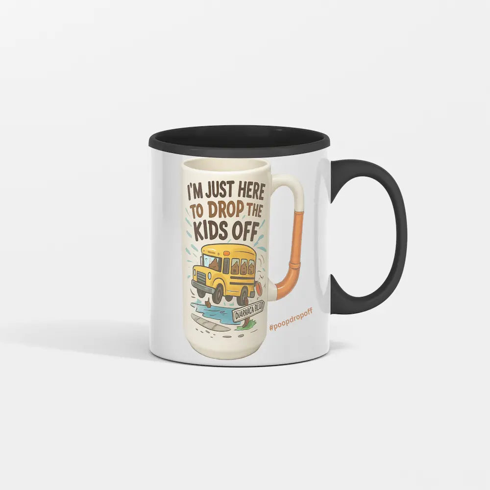 Mug with a red interior and handle, featuring a graphic of a school bus and text on a white background. “Sarcastic gag gift toilet mug for coffee lovers”
