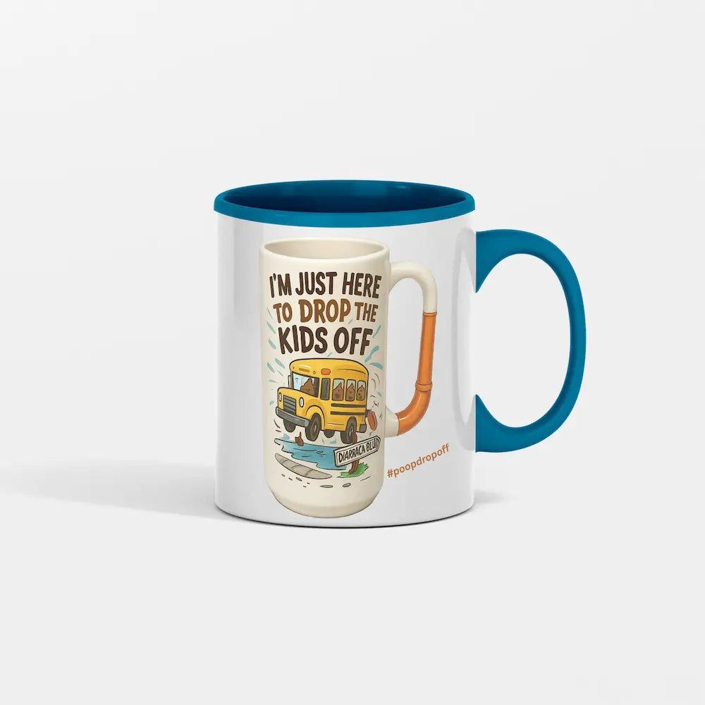 Mug with a red interior and handle, featuring a graphic of a school bus and text on a white background. “Sarcastic gag gift toilet mug for coffee lovers”