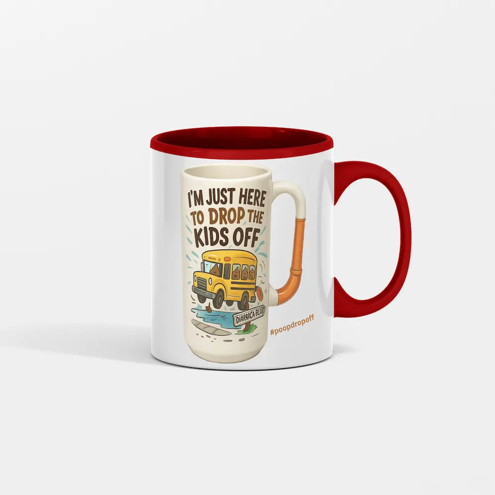 Mug with a red interior and handle, featuring a graphic of a school bus and text on a white background. “Sarcastic gag gift toilet mug for coffee lovers”