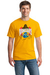 Man wearing "Monsters Are Real" gym shirt lifting weights in gritty gym