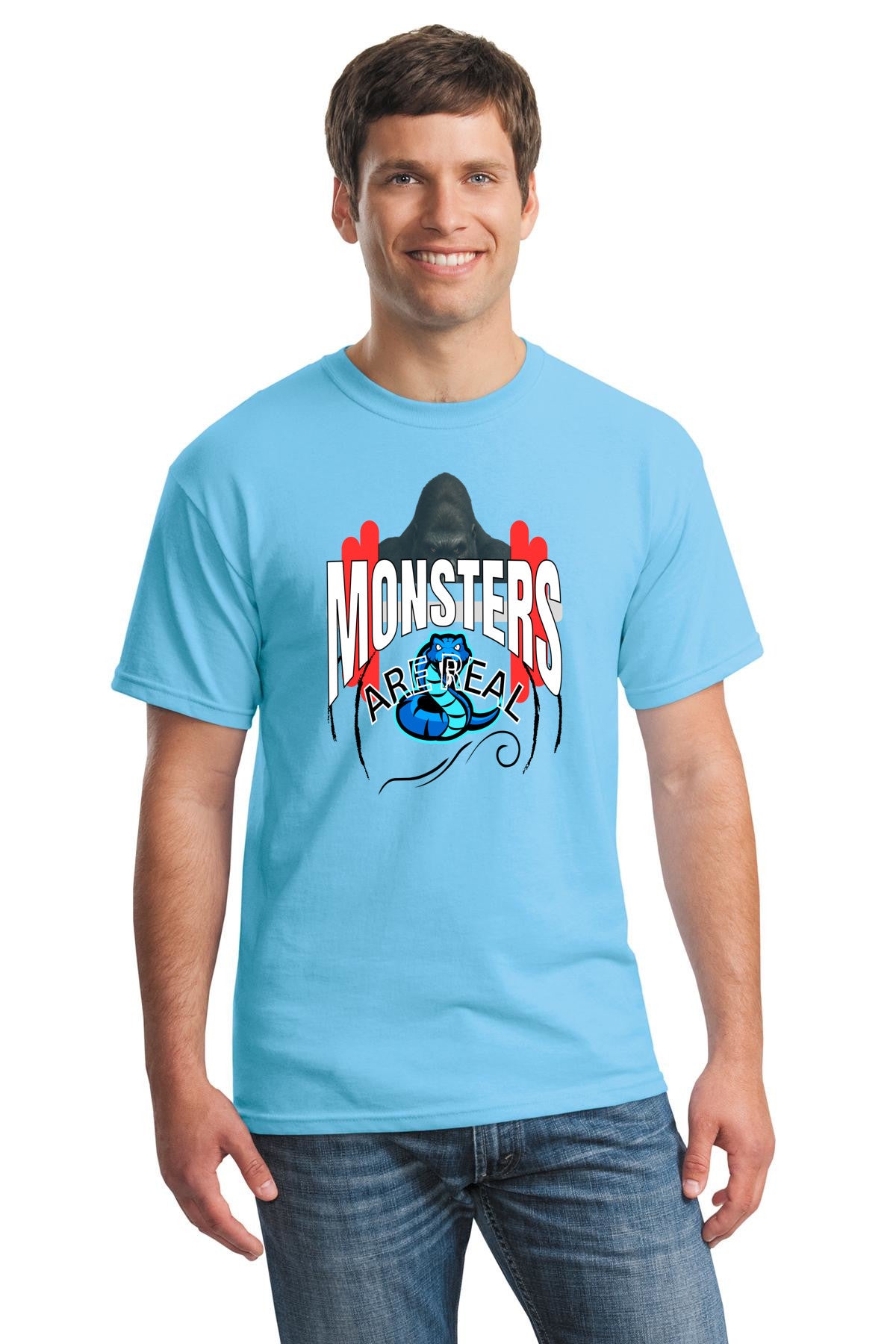 Man wearing "Monsters Are Real" gym shirt lifting weights in gritty gym