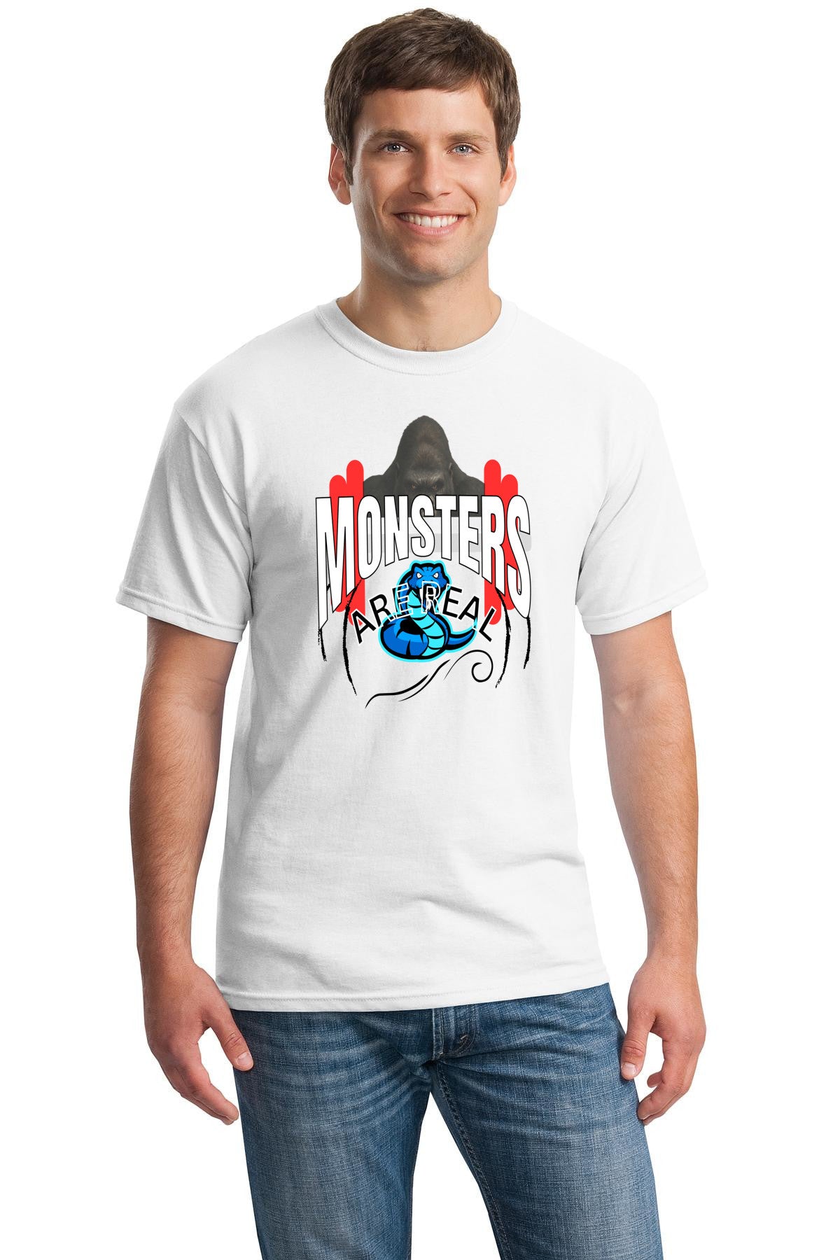 Man wearing "Monsters Are Real" gym shirt lifting weights in gritty gym