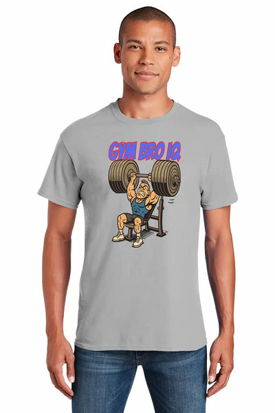 Funny gym t-shirt with sarcastic quote about gym bros, bench press, and protein farts.