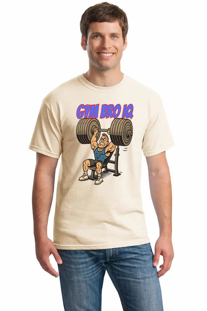 Funny gym t-shirt with sarcastic quote about gym bros, bench press, and protein farts.