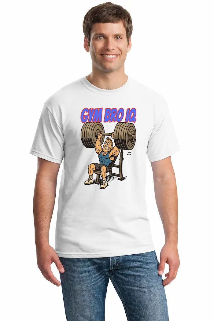Funny gym t-shirt with sarcastic quote about gym bros, bench press, and protein farts.