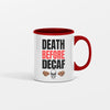Bold white “Death Before Decaf” text on black background with subtle red accents and coffee bean icons