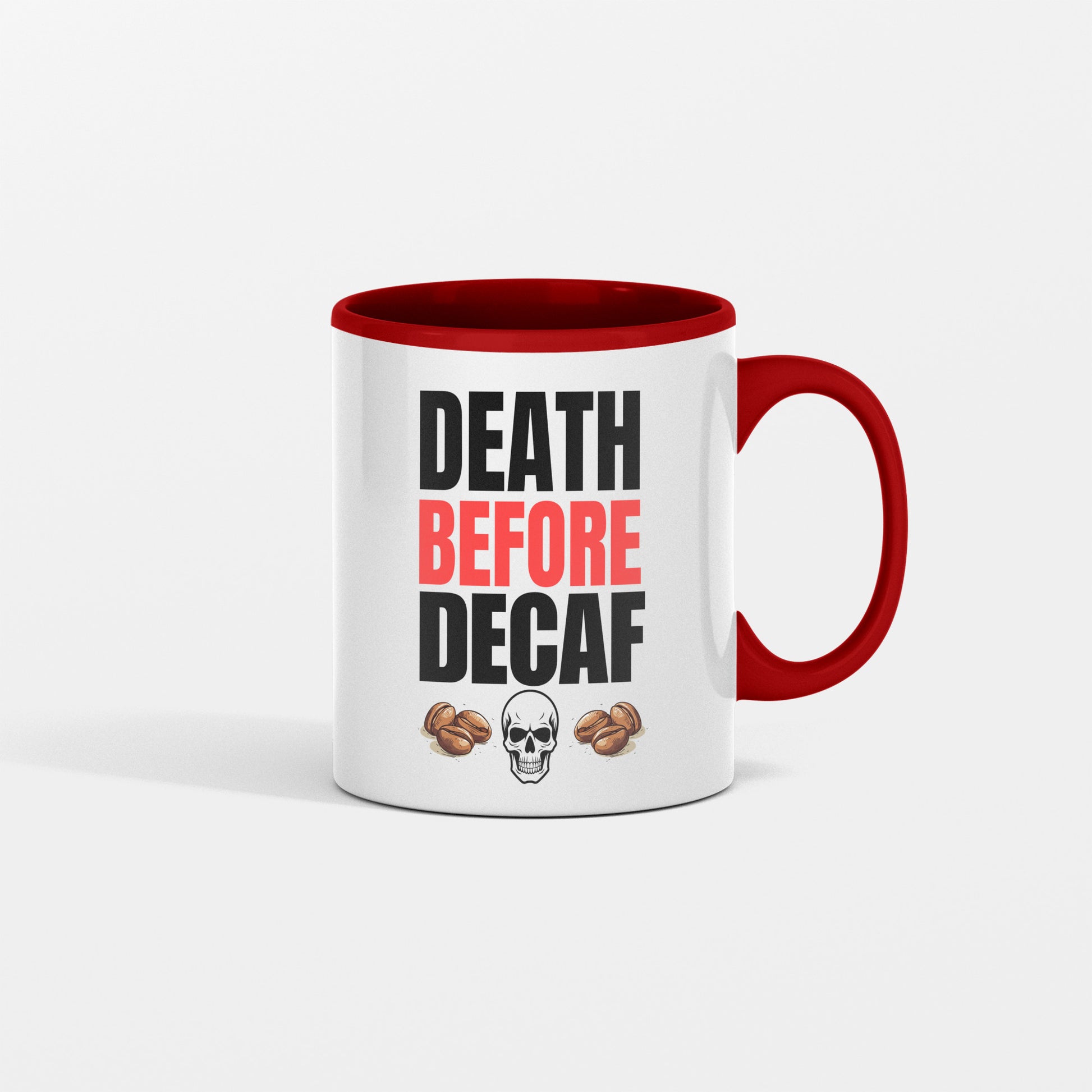 Bold white “Death Before Decaf” text on black background with subtle red accents and coffee bean icons