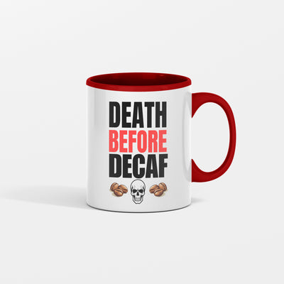 Bold white “Death Before Decaf” text on black background with subtle red accents and coffee bean icons